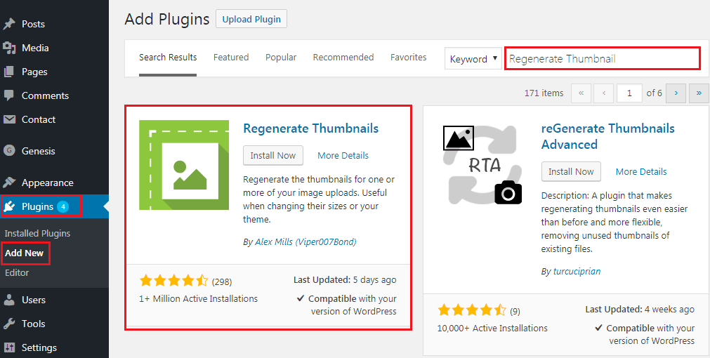 How to Regenerate Custom Thumbnail Image Size - Installing Regenerate Thumbnail Plugin