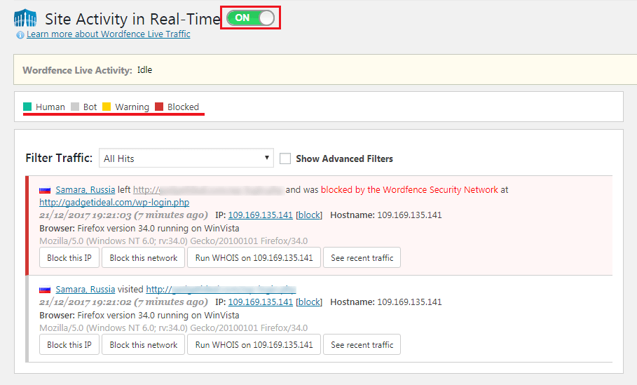 How to Secure Your WordPress Website - Wordfence - Real-time Activity Monitoring 