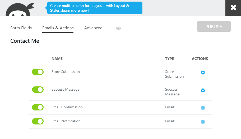 Emails and Action Settings of The Submitted Email Builder