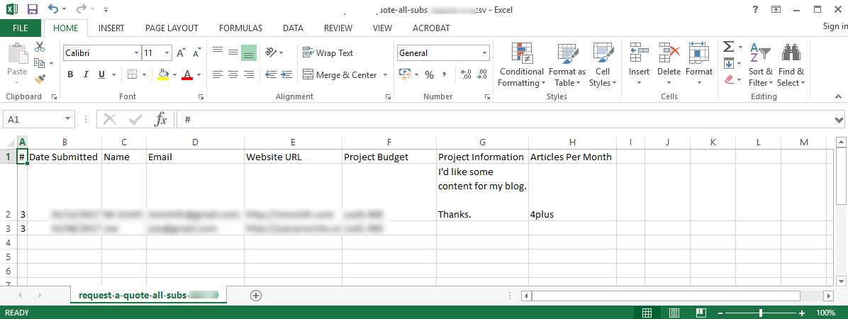 Exported Form Submissions to CSV for analysis on Spreadsheet as Excel