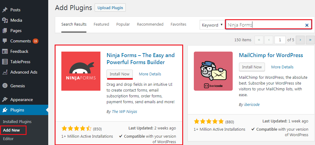 Installing Ninja Forms into WordPress
