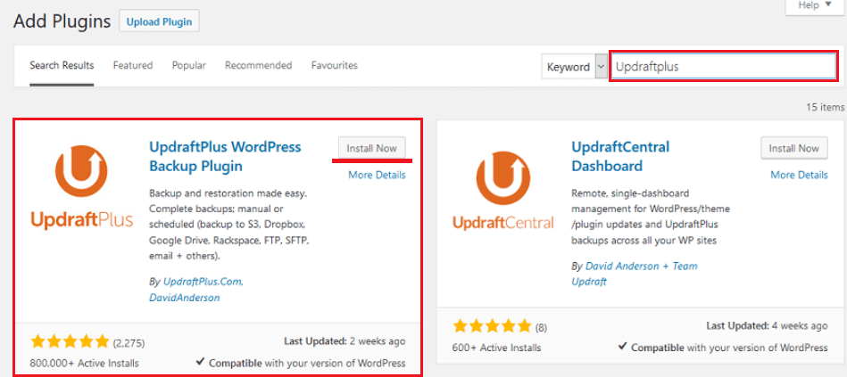 UpdraftPlus Plugin Installation