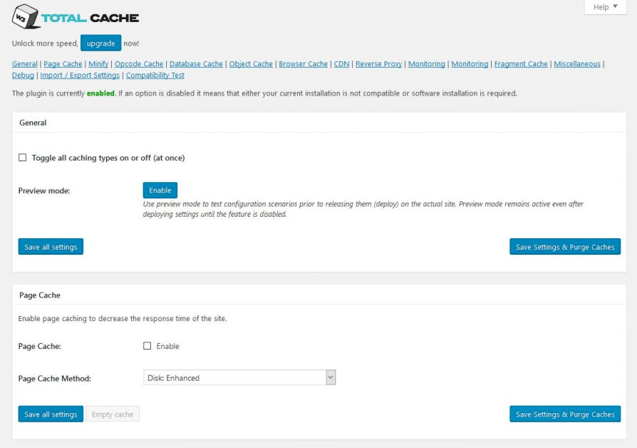 W3 Total Cache vs WP Super Cache - W3 Total Cache Setting Page