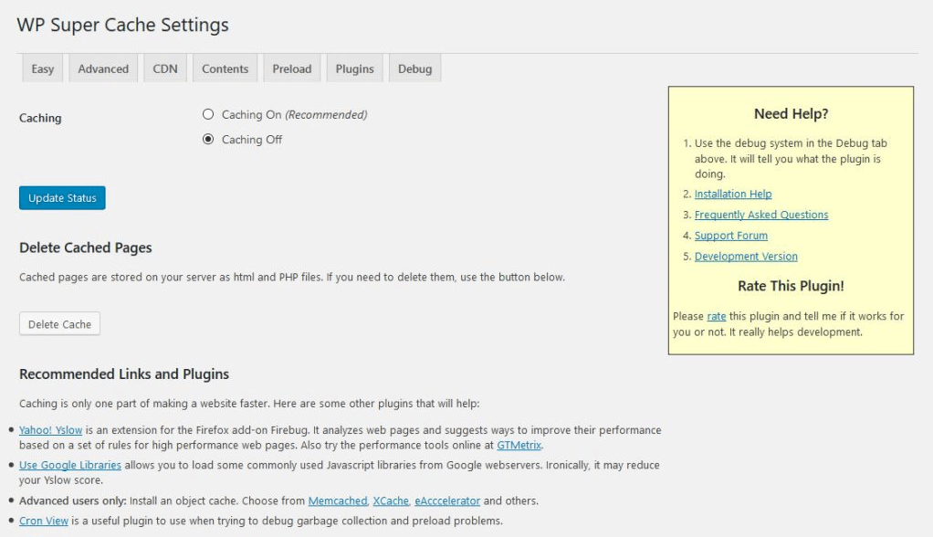 W3 Total Cache vs WP Super Cache - WP Super Cache Setting Page