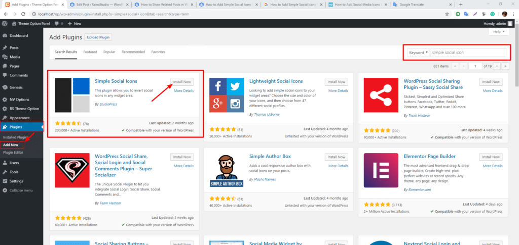 installing Simple Social Icons plugin
