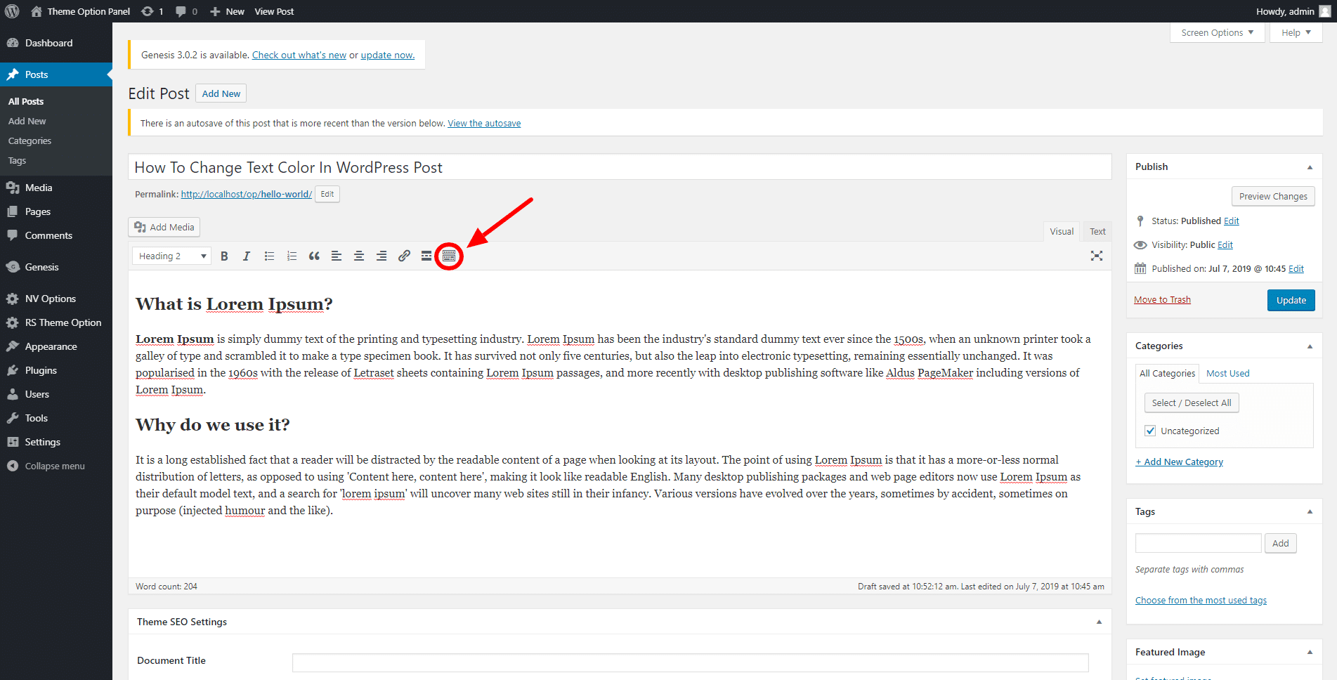 change text color in wordpress post