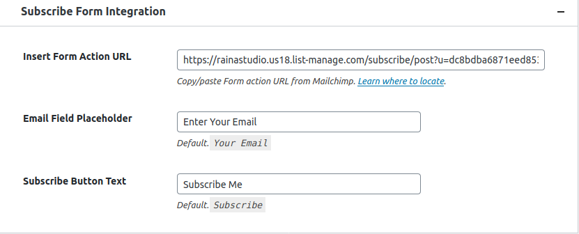 Subscribe Form Integration Settings