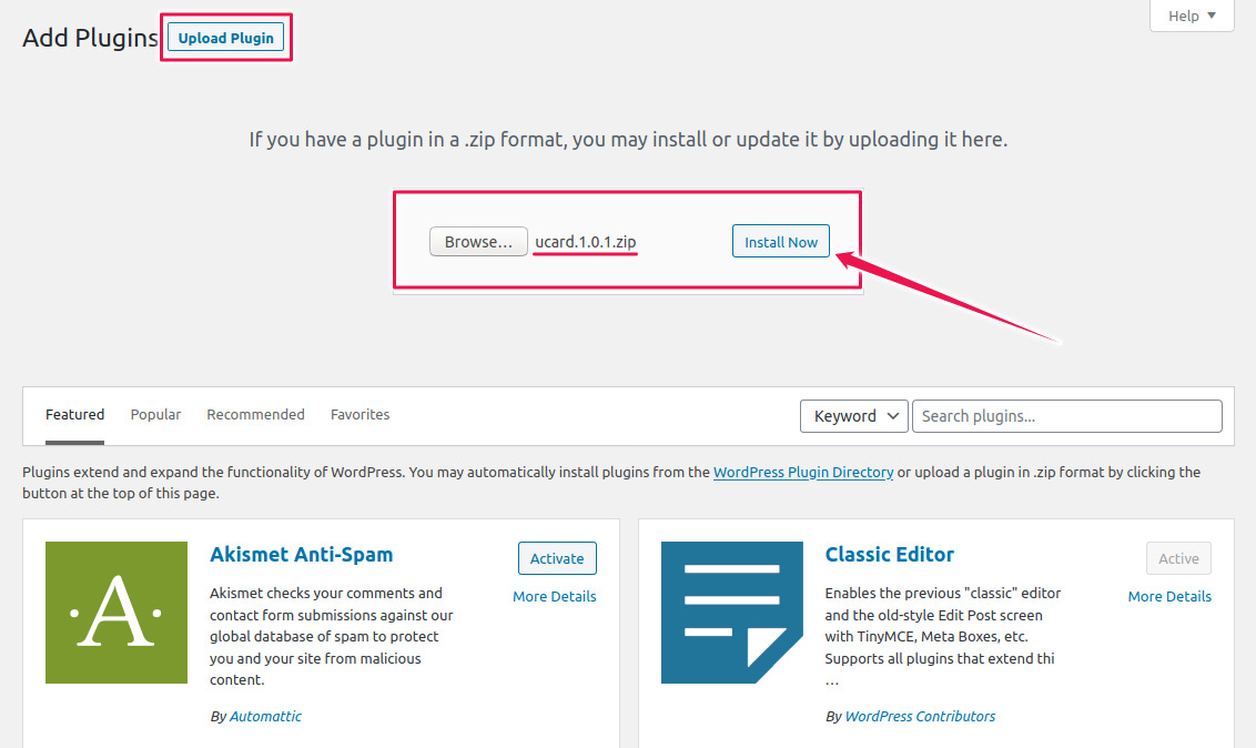 Upload Ucard WordPress Plugin and Install