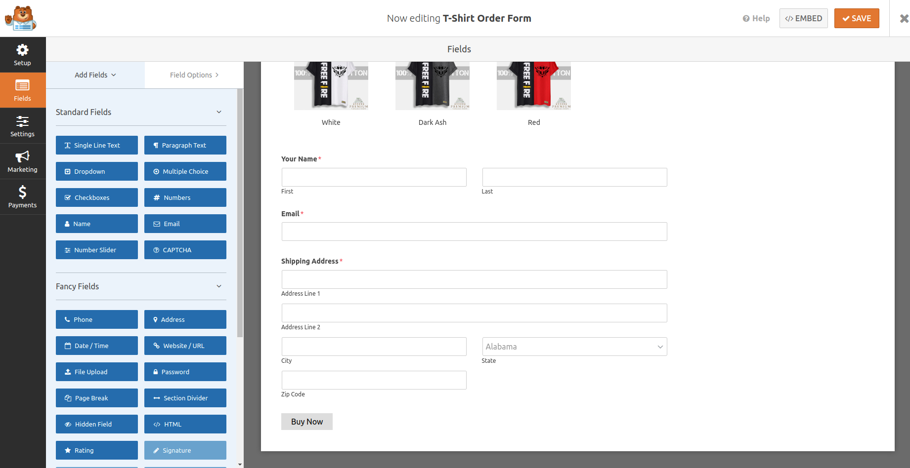 Order Form Fields