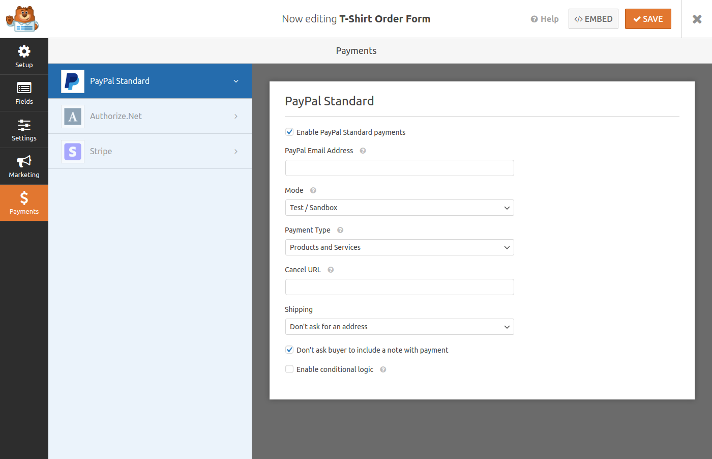 Order Form Payment Integration